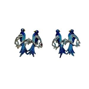 Vintage Pair of Gerry's Love Birds Brooches, Blue & Silver Enamel Figural Pins.